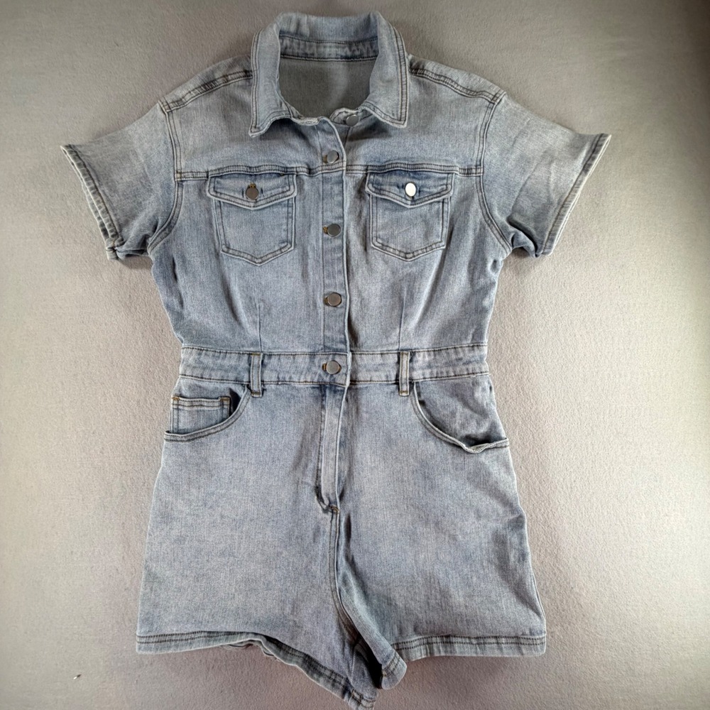 Women's Light Wash Denim Romper Button Front Collared Utility Shortall Jumpsuit